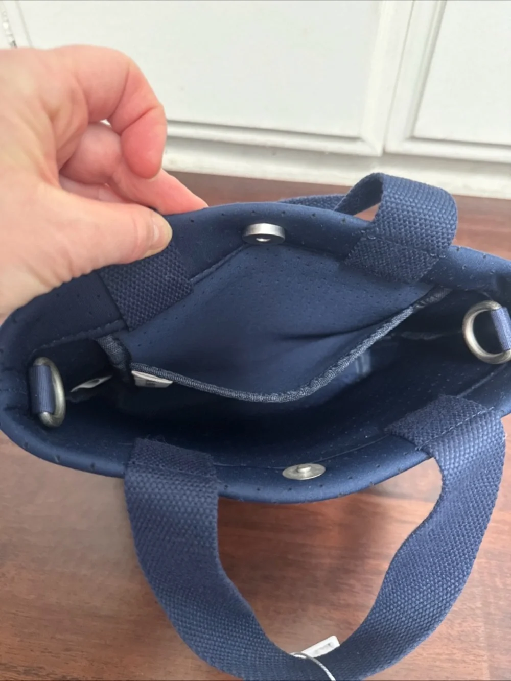 Women's Navy Perforated Neoprene Tote with Adjustable Strap